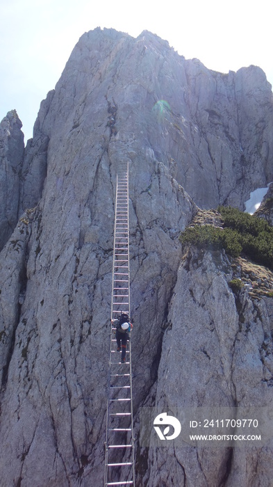 Via ferrata Donnerkogel Intersport klettersteig in Austrian Alps, Climber on 40 metres long ladder between two rock mountains