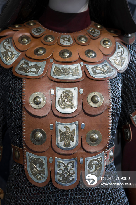 Ancient historical military clothing of the Scythians . Chain mail and leather armor decorated with animals