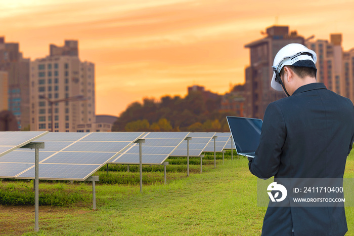 Corporate manager presenting on how to sell electricity from rooftop solar back to the grid. Industry and technology concept for energy producer-consumer, power generation.