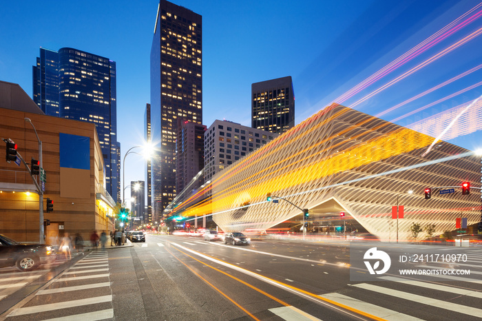 smart traffic on road in downtown of los angeles at night