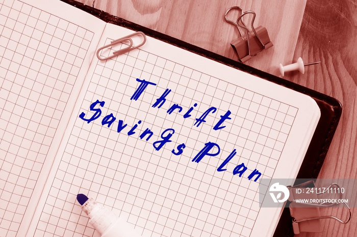 The caption in the picture is Thrift Savings Plan. Notebook sheet, table, pens.