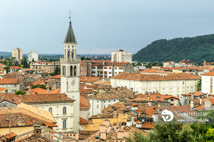 Panoramic view of Gorizia with old buildings and the cathedral