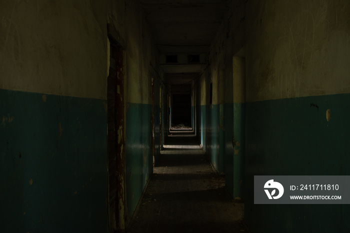 dark abandoned corridor of empty premises in dnipro city in ukraine