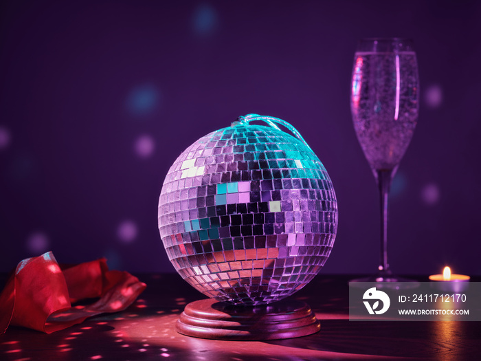 Disco ball, champagne glass and candle. Party set