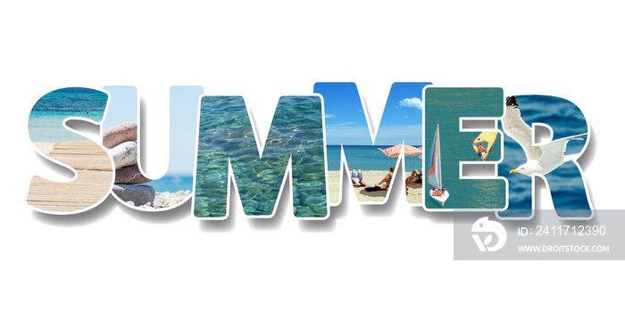 The word summer. Collage of some photos on text. Vacation on beach concept