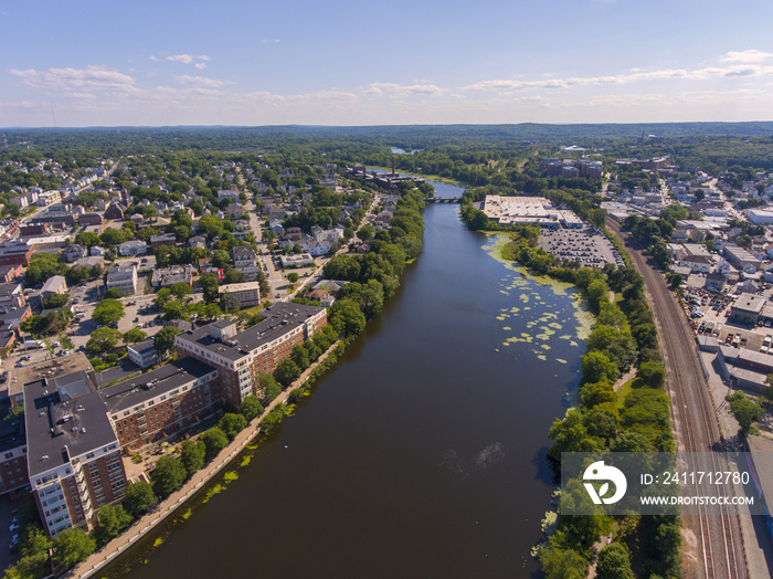 Charles River aerial view in downtown Waltham, Massachusetts, MA, USA.