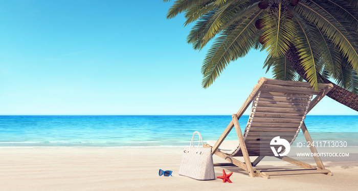 Deck chair on the beach under palm tree summer background 3D Rendering