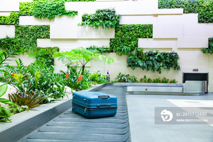 suitcase on a conveyor belt surrounded by green tropical plants in a baggage claim area at the airport