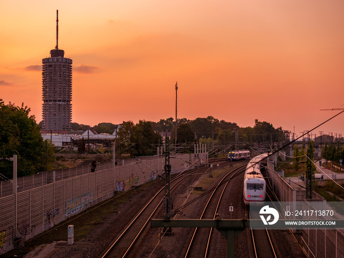 Sunset in Augsburg with railway and tower