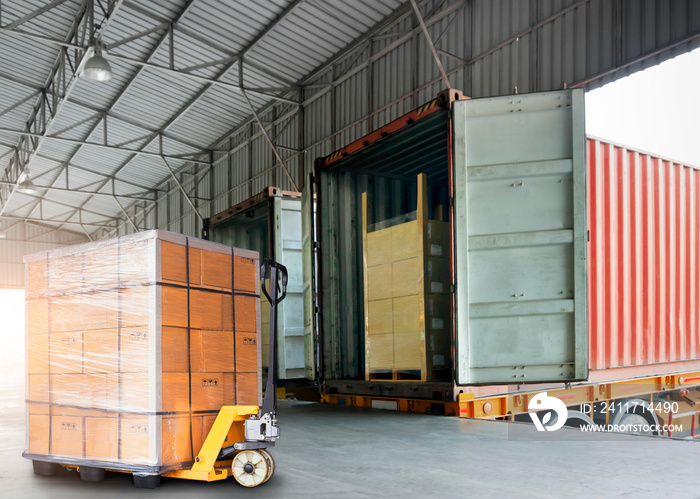 Packaging Boxes Stacked on Pallets Loading into Shipping Cargo Container. Delivery Trucks Loading at Dock Warehouse. Supply Chain. Shipment. Distribution Warehouse Freight Truck Transport Logistics