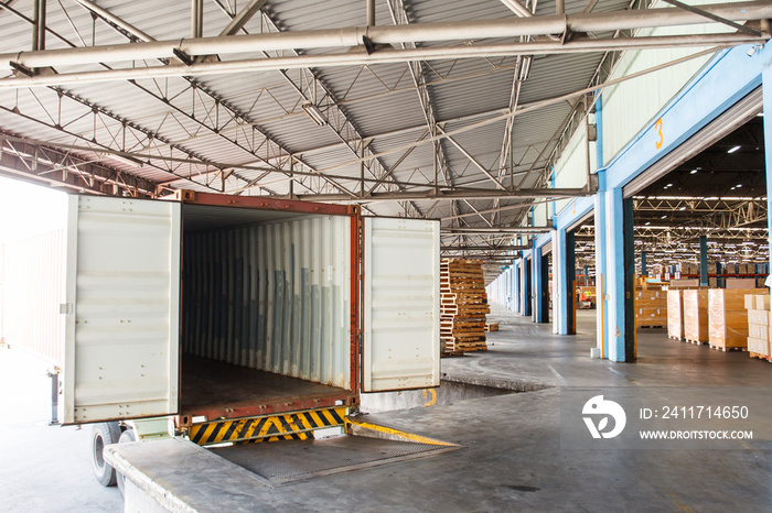 Empty heavy container truck parked or docked at warehouse loading area. Postal and logistic business industry concept.