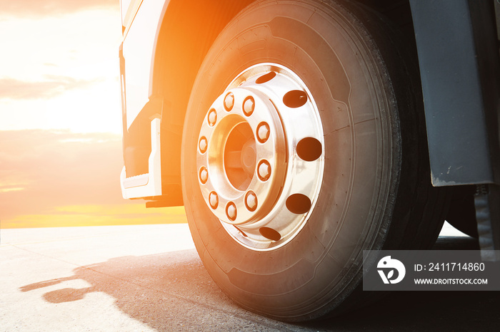 Close up, Front of a Truck Wheels with Sunlight. Industry Freight Truck Transportation.