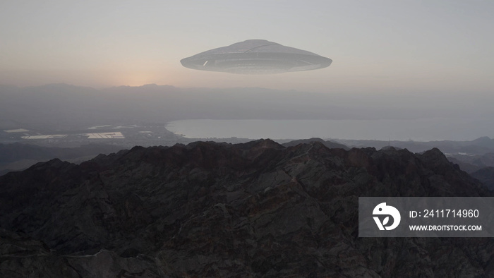 Ufo Flying Saucer Hovering over desert city and sea  Mother ship over desert mountain and sea, sunrise, Jordan Israel landscape