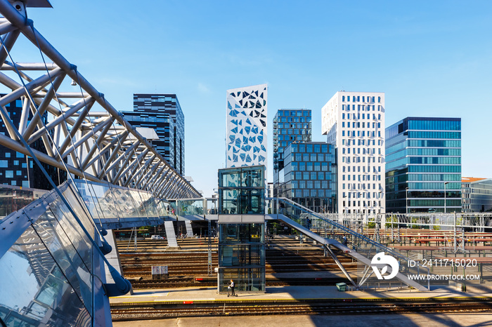 Oslo skyline modern city architecture buildings with a bridge at Barcode District in Norway