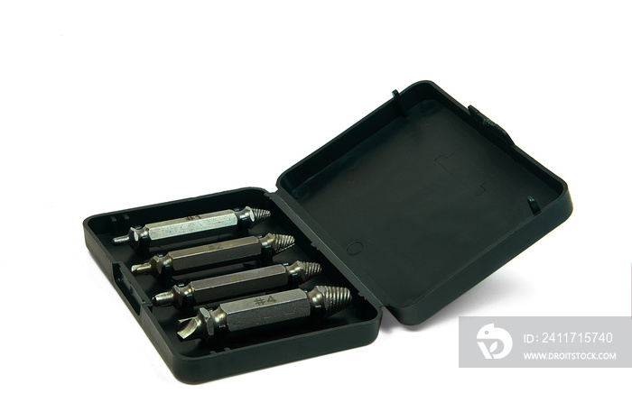 Set of screw extractors in a black plastic box, isolated on a white background