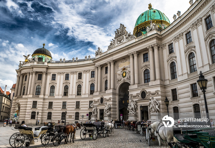 Presidents Residence, Wiener Hofburg, With Fiaker Horses And Coaches In The Inner City Of Vienna In Austria