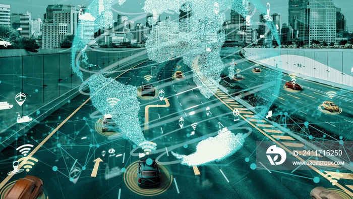 Smart transport technology concept for future car traffic on newish city road . Virtual intelligent system makes digital information analysis to connect data of vehicle on city street .