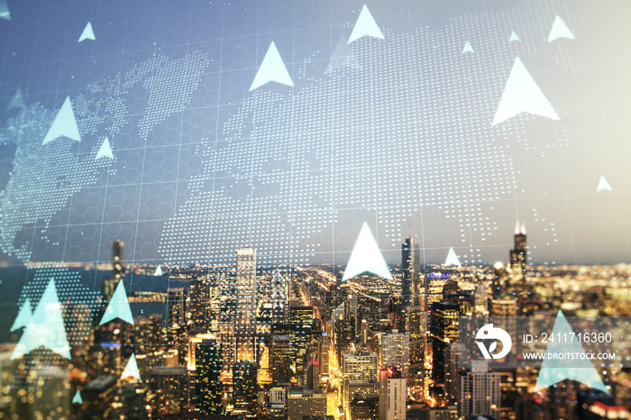 Abstract virtual GPS locator sketch with world map on Chicago cityscape background, monitoring and tracking concept. Multi exposure