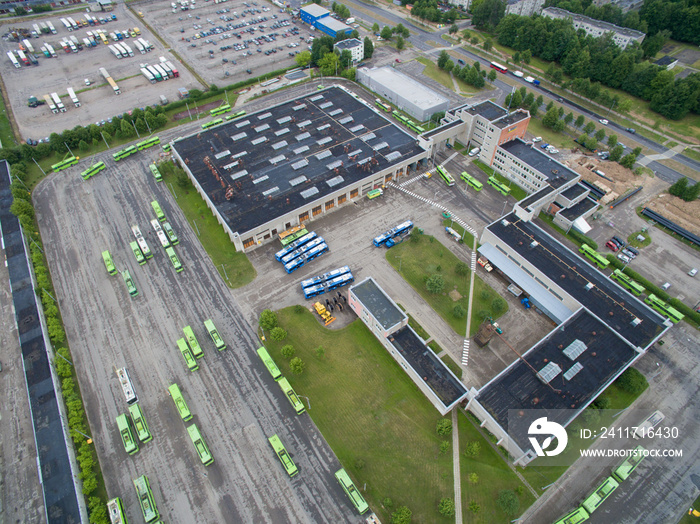 Trolley and bus depot in Kaunas, Lithuania. Aerial view