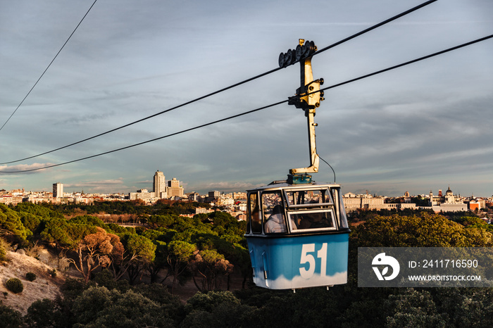 Cable car and cabin rides over park in Madrid