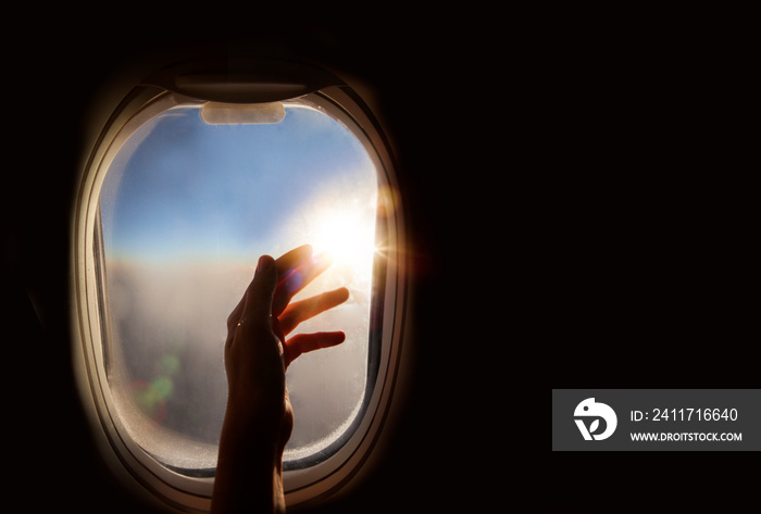 View from the window of the airplane at sunrise, Landing in Egypt.Copy space