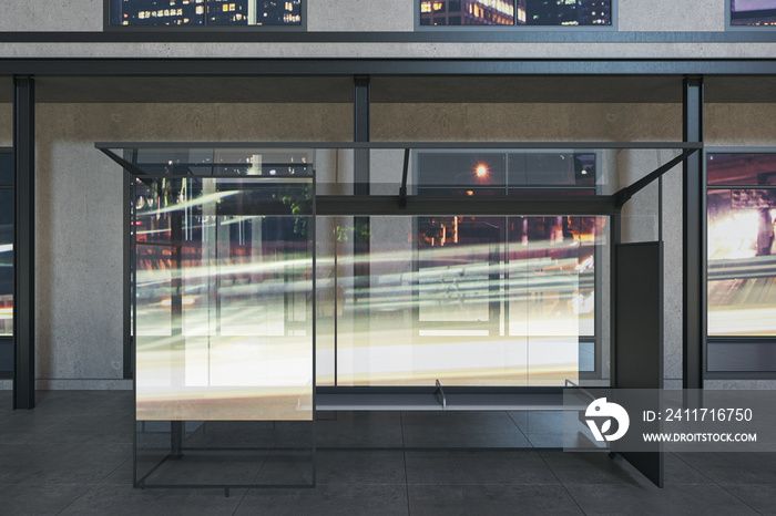 Modern glass bus stop with city reflections and daylight. Transport and urban concept. 3D Rendering.