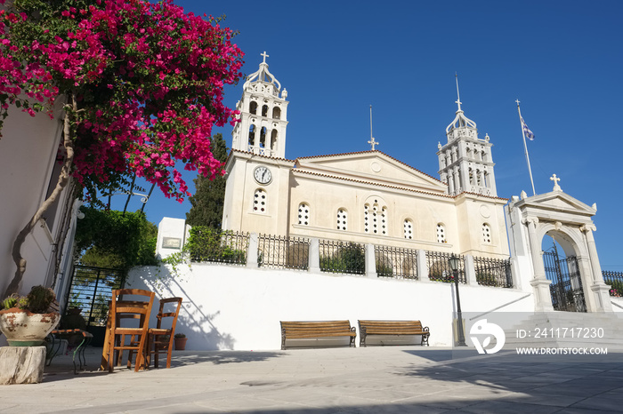 Facade of cathedral of Lefkes town, Paros island, Greece