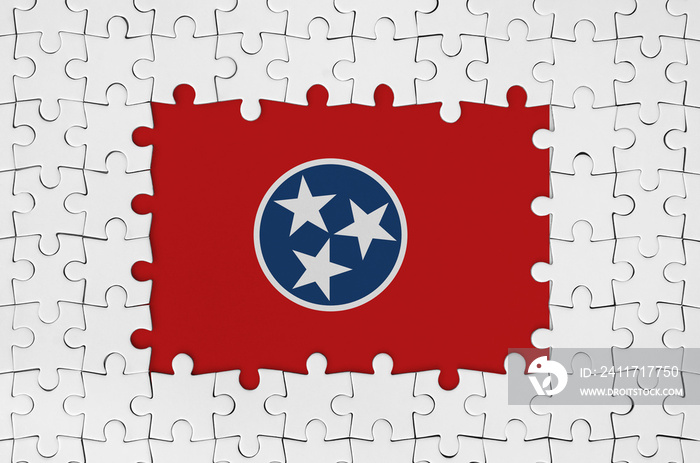 Tennessee US state flag in frame of white puzzle pieces with missing central part