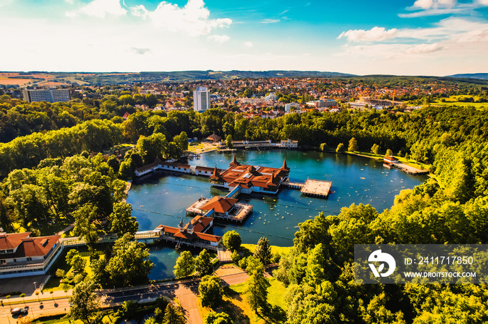 Aerial view of the famous Lake Heviz in Hungary, near the lake Balaton. The largest thermal lake in the world available to bath. Discover the beauties of Hungary.