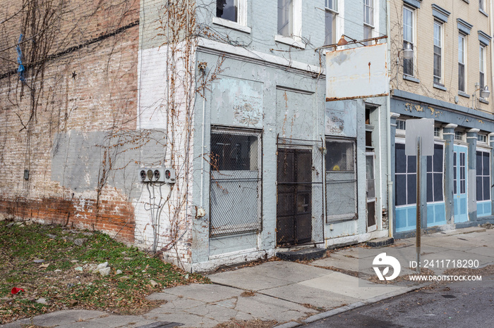 Abandoned old vintage building with sign