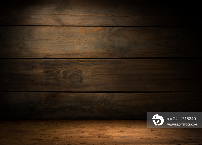 wood brown grain texture, dark wall background, top view of wooden table