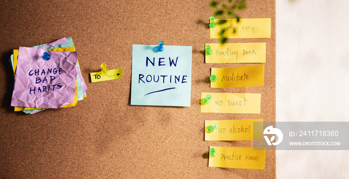 Change Concept. Managing New Routine from Old to New Habits by Sticky Note on Cork Board