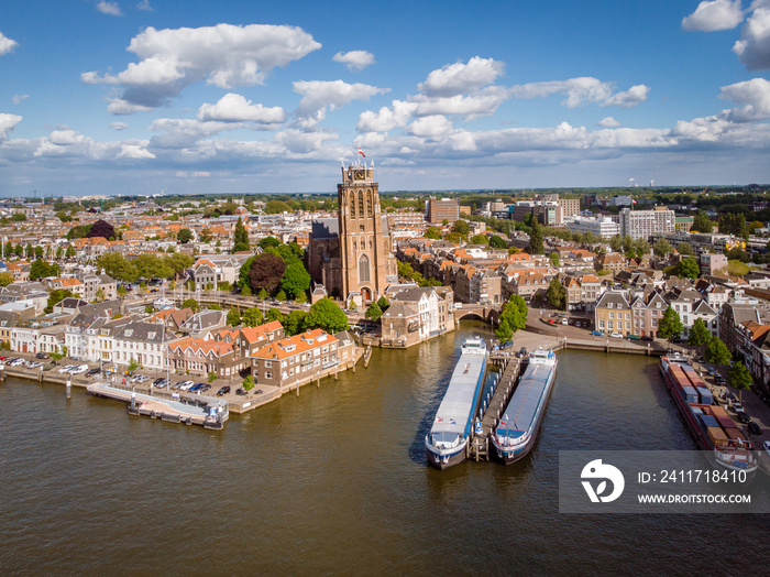 Dordrecht Netherlands, skyline of the old city of Dordrecht with church and canal buildings in the Netherlands