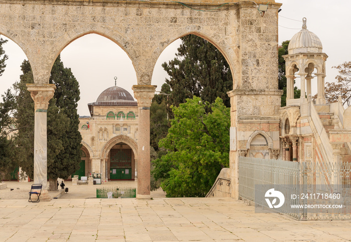 The Canyors,  the Al Aqsa Mosque and Ayubid Minbar on the Temple Mount in the Old Town of Jerusalem in Israel