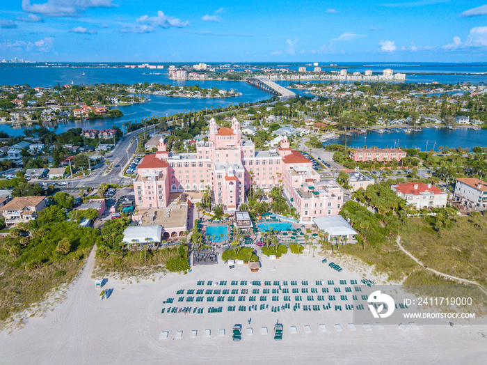 Summer vacations. St. Pete Beach Florida. Ocean beach, Hotels and Resorts in US. Blue-turquoise color of salt water. American Coast or shore line in Gulf of Mexico. St Petersburg Clearwater Florida.