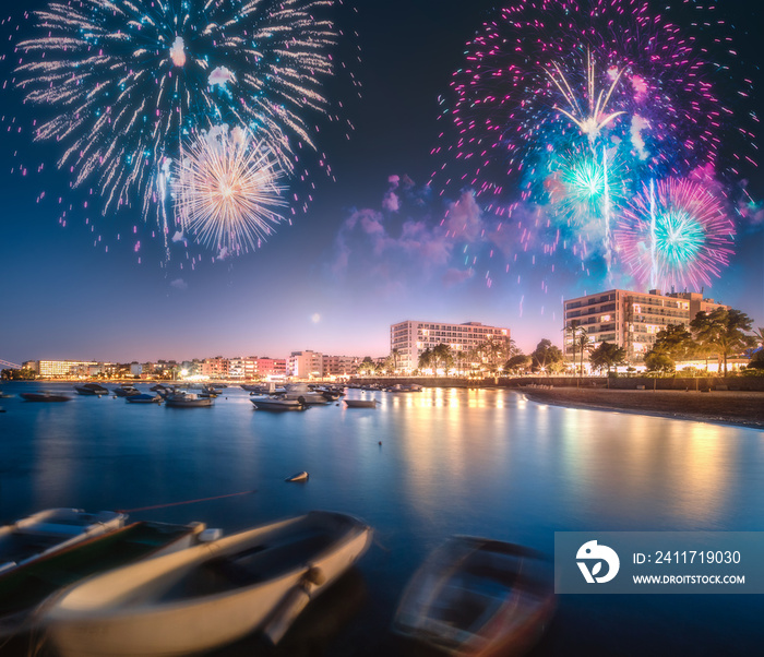 Beautiful fireworks above San Antonio beach on Ibiza, Spain