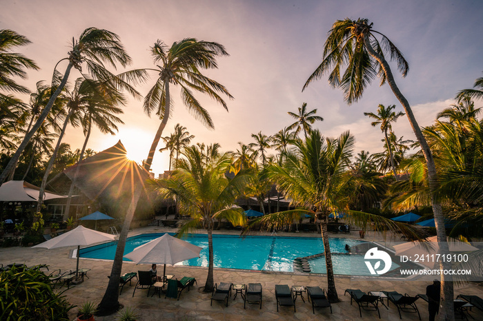 Pamen by the sea, Indian Ocean. Morning sunrise overlooking palm trees at a hotel in Kenya, Mombasa, Africa