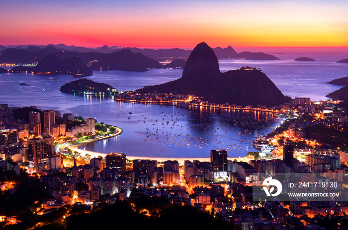 Rio de Janeiro just before Sunrise, City Lights, and Sugarloaf Mountain