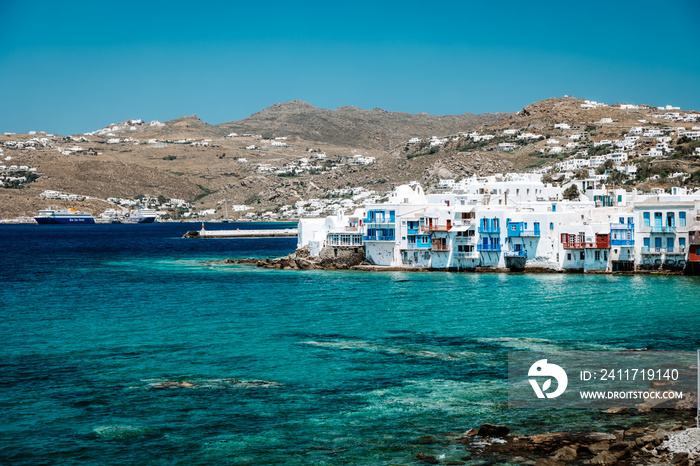 Mykonos Greece April , Mykonos Greece Island with whitewashed building at the streets of little Venice Mykonos