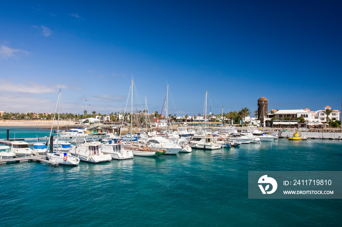 Marina with lighthouse,  Caleta de Fuste, Fuerteventura, Canary Islands, Spain, Europe