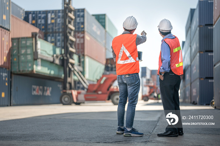 workers, Engineer, Technician checking and inspecting on site containers area for shipping transportation and machine lifting. people operation international business logistic import and export.