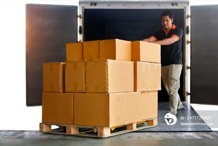 Workers Unloading Packaging Boxes Stack on Pallets out of Container Trucks. Shipping Warehouse. Delivery. Shipment Goods. Supply Chain. Supplies Warehouse Logistics Cargo Transport.