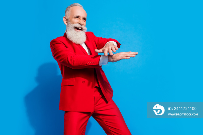 Profile side photo of senior excited man happy positive smile dance hip-hop club isolated over blue color background