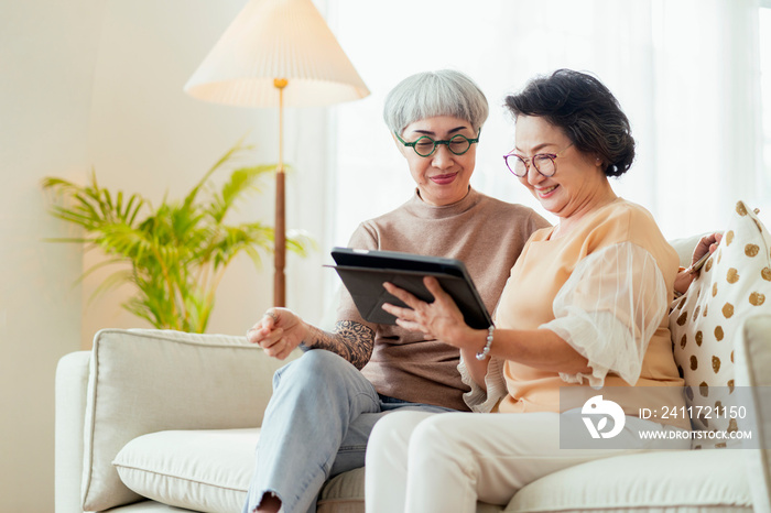 visit house of two senior old mature female friends looking through old photos digital album together with tablet device on sofa in living room at home old friend Spending Quality Time Together