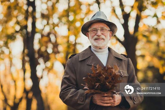 Photo of cheerful friendly aged grey white hair grandpa feel young walk street city park way alley enjoy sunny day hold bunch dry leaf wear stylish autumn jacket hat specs colorful outside