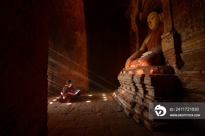 Novice monks in the plain of bagan on during sunrise,Myanmar ancient,Myanmar religion,