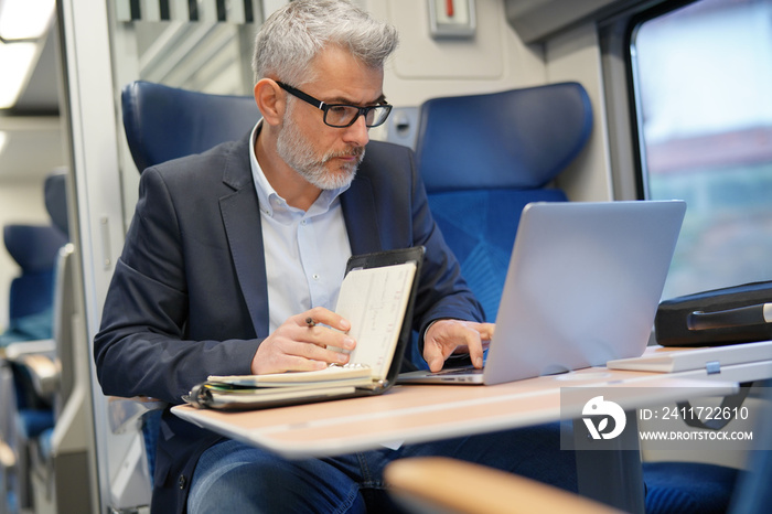 Mature businessman working on laptop while traveling in train