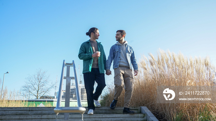 Smiling gay couple descending steps