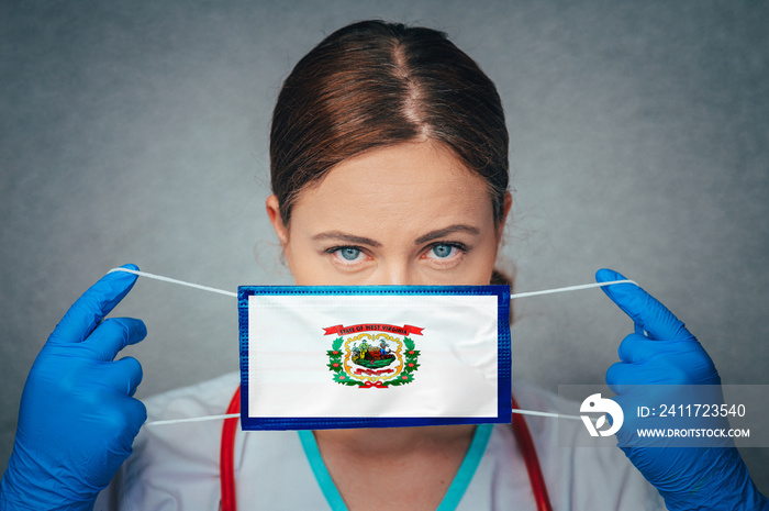 Coronavirus in U.S. State West Virginia, Female Doctor Portrait, protect Face surgical medical mask with West Virginia Flag. Illness, Virus Covid-19 in West Virginia