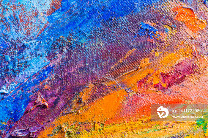 Abstract colorful oil painting on canvas. Oil paint texture with brush and palette knife strokes. Multi colored wallpaper. Macro close up acrylic background. Modern art concept. Horizontal fragment.